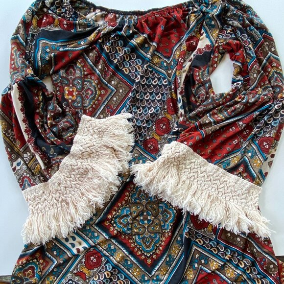 Vintage Paisley Mini Dress with Crocheted Trim Sz M - Picture 10 of 13